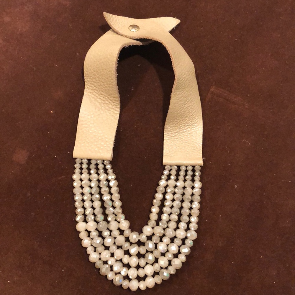 Silver/Taupe Beads with leather strap Necklace